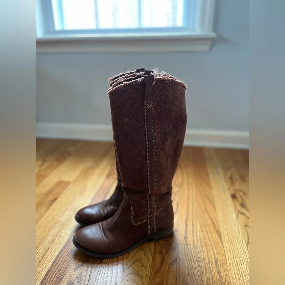 Sundance Catalog Brown Canvas & Leather Tall Riding Boots Women's EU 38